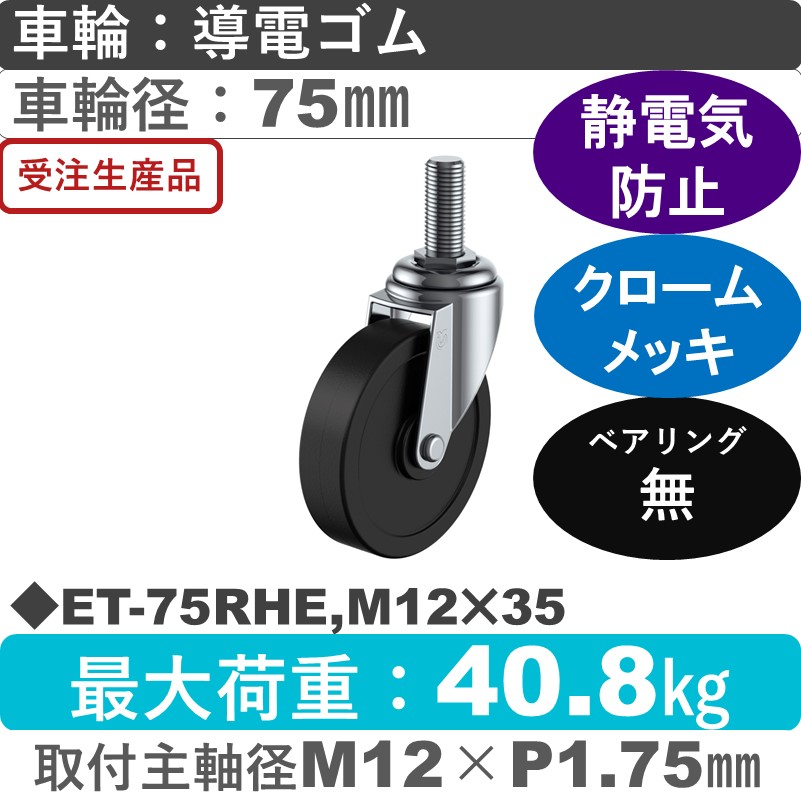 ET-75RHE,M12×35 ユーエイキャスター 自在ねじ込み式 導電ゴム車輪75㎜