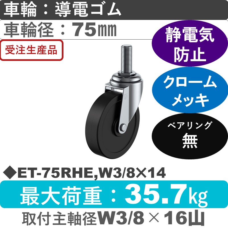ET-75RHE,W3/8×14 ユーエイキャスター 自在ねじ込み式 導電ゴム車輪75㎜