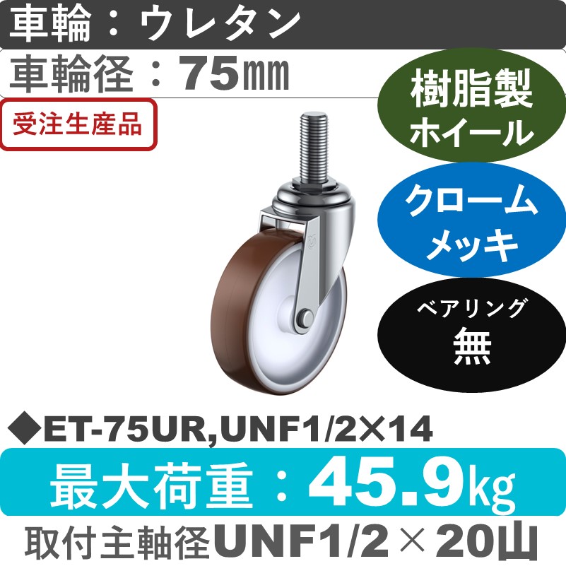 ET-75UR,UNF1/2×14 ユーエイキャスター 自在ねじ込み式 ウレタン車輪75㎜