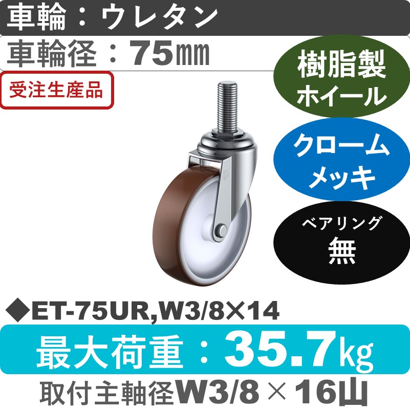 ET-75UR,W3/8×14 ユーエイキャスター 自在ねじ込み式 ウレタン車輪75㎜