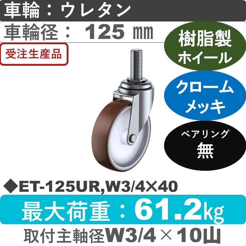 ET-125UR,W3/4×40 ユーエイキャスター 自在ねじ込み式 ウレタン車輪125㎜