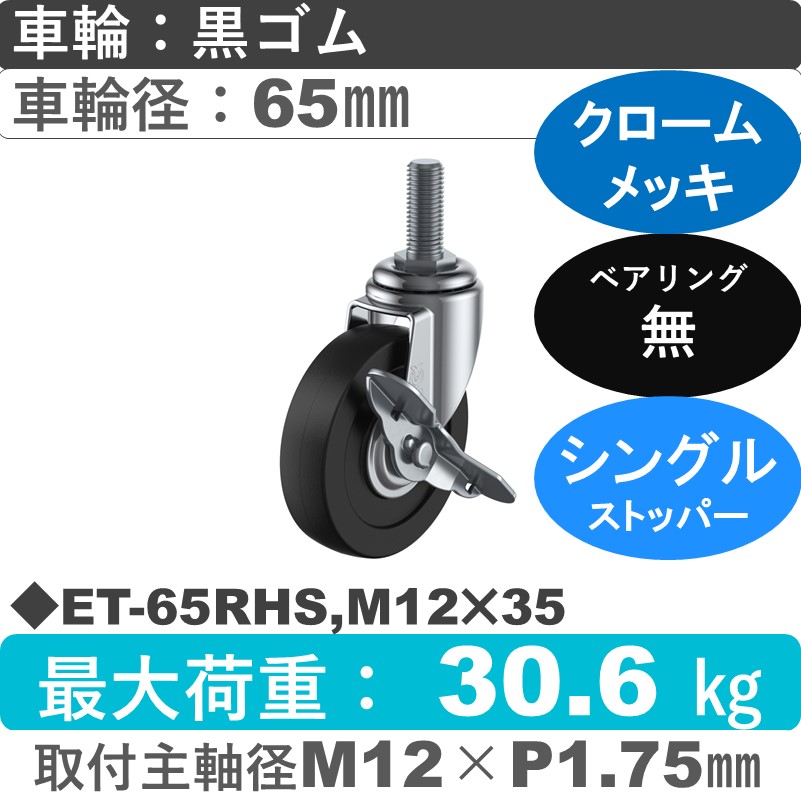 ET-65RHS,M12×35 ユーエイキャスター ストッパー付自在ねじ込み式 ゴム車輪65㎜