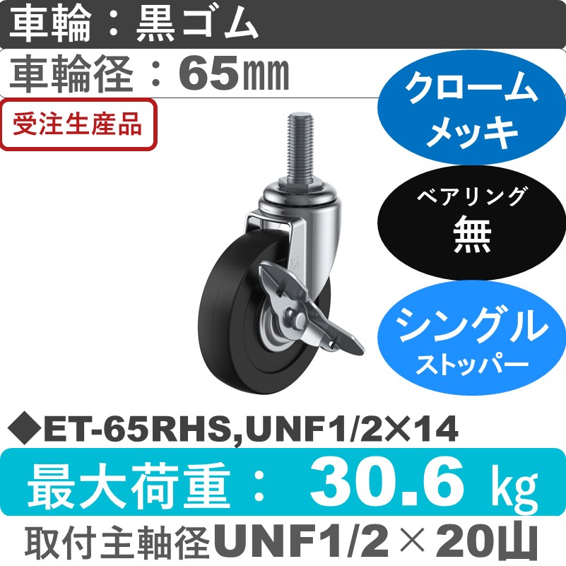 ET-65RHS,UNF1/2×14 ユーエイキャスター ストッパー付自在ねじ込み式 ゴム車輪65㎜