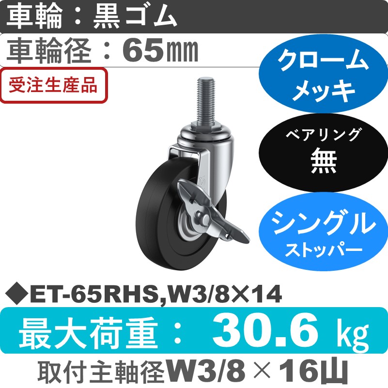 ET-65RHS,W3/8×14 ユーエイキャスター ストッパー付自在ねじ込み式 ゴム車輪65㎜