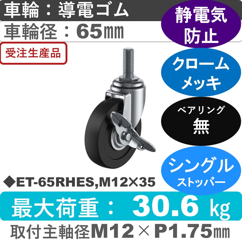 ET-65RHES,M12×35 ユーエイキャスター ストッパー付自在ねじ込み式 導電ゴム車輪65㎜