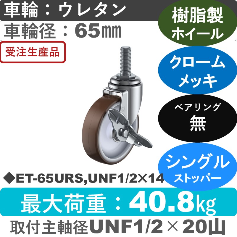 ET-65URS,UNF1/2×14 ユーエイキャスター ストッパー付自在ねじ込み式 ウレタン車輪65㎜