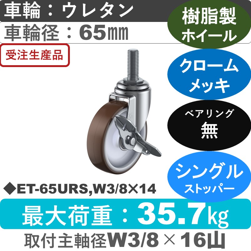 ET-65URS,W3/8×14 ユーエイキャスター ストッパー付自在ねじ込み式 ウレタン車輪65㎜