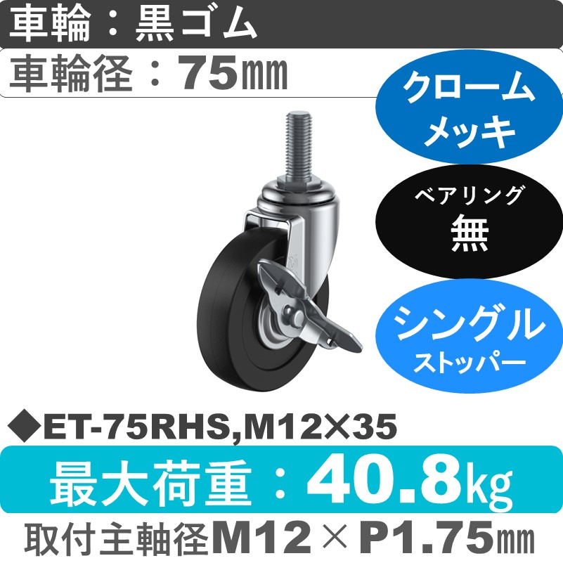ET-75RHS,M12×35 ユーエイキャスター ストッパー付自在ねじ込み式 ゴム車輪75㎜