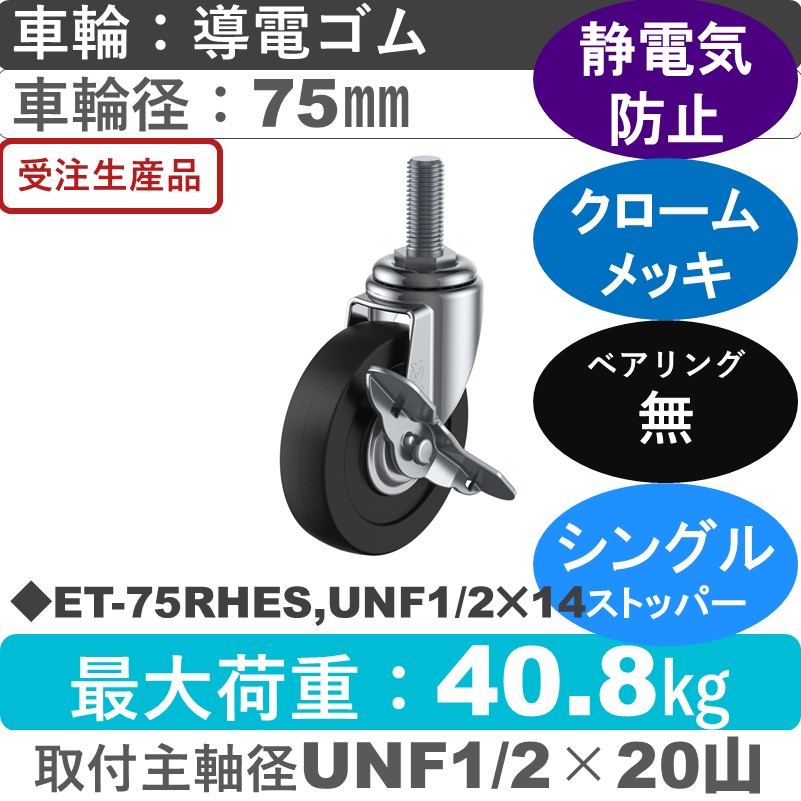 ET-75RHES,UNF1/2×14 ユーエイキャスター ストッパー付自在ねじ込み式 導電ゴム車輪75㎜