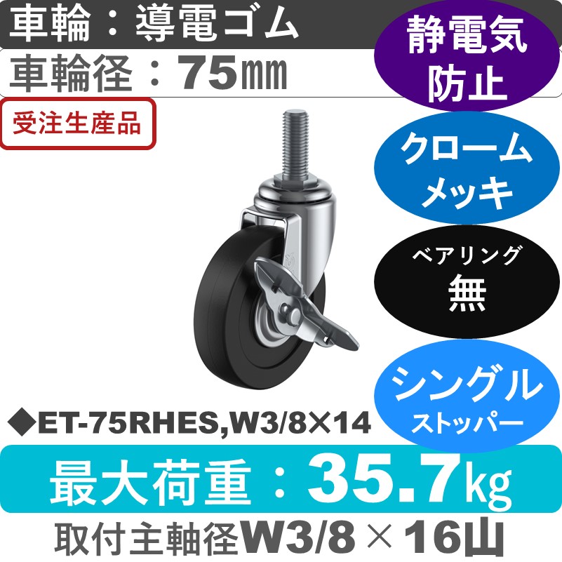 ET-75RHES,W3/8×14 ユーエイキャスター ストッパー付自在ねじ込み式 導電ゴム車輪75㎜