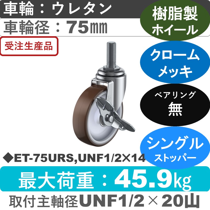 ET-75URS,UNF1/2×14 ユーエイキャスター ストッパー付自在ねじ込み式 ウレタン車輪75㎜