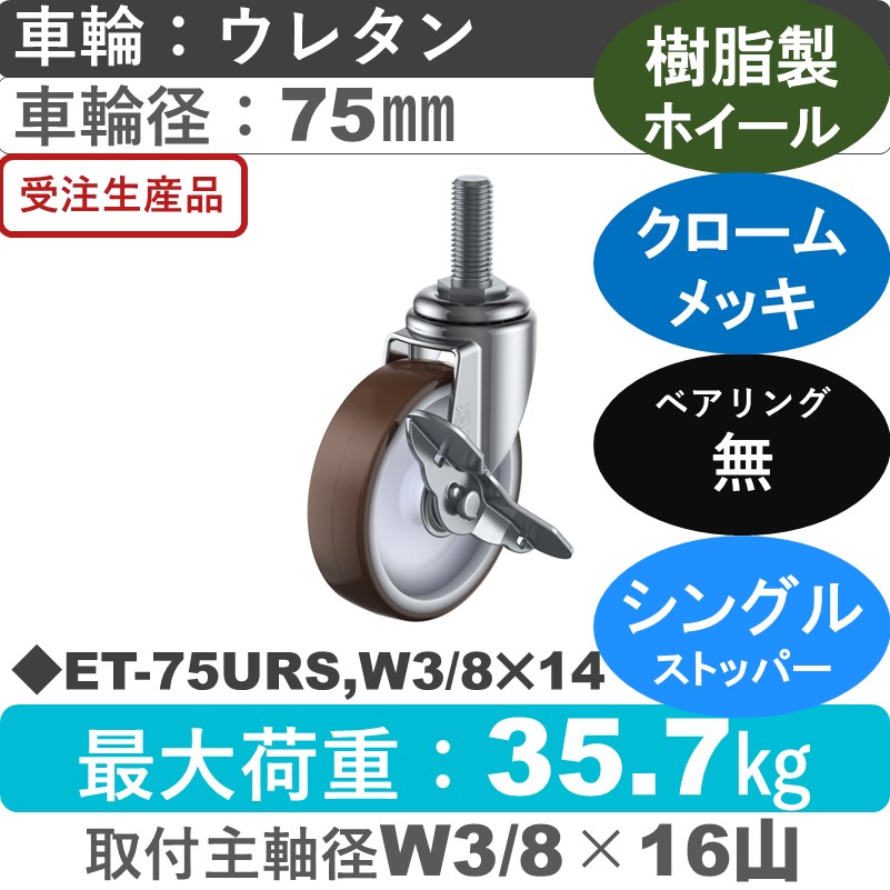 ET-75URS,W3/8×14 ユーエイキャスター ストッパー付自在ねじ込み式 ウレタン車輪75㎜