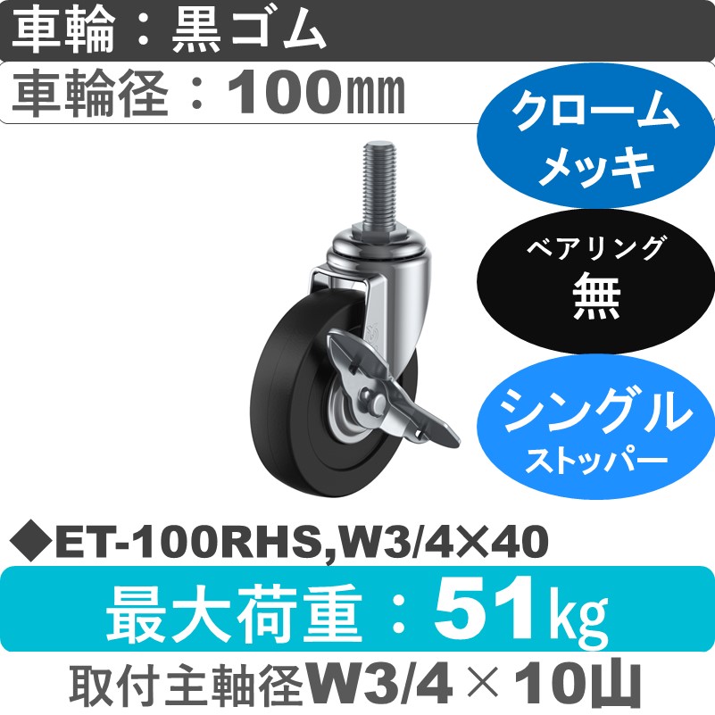 ET-100RHS,W3/4×40 ユーエイキャスター ストッパー付自在ねじ込み式 ゴム車輪100㎜