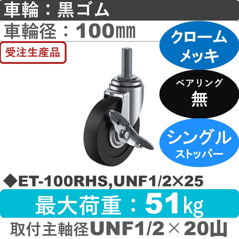 ET-100RHS,UNF1/2×25 ユーエイキャスター ストッパー付自在ねじ込み式 ゴム車輪100㎜