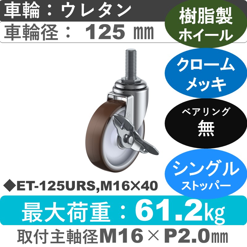 ET-125URS,M16×40 ユーエイキャスター ストッパー付自在ねじ込み式 ウレタン車輪125㎜