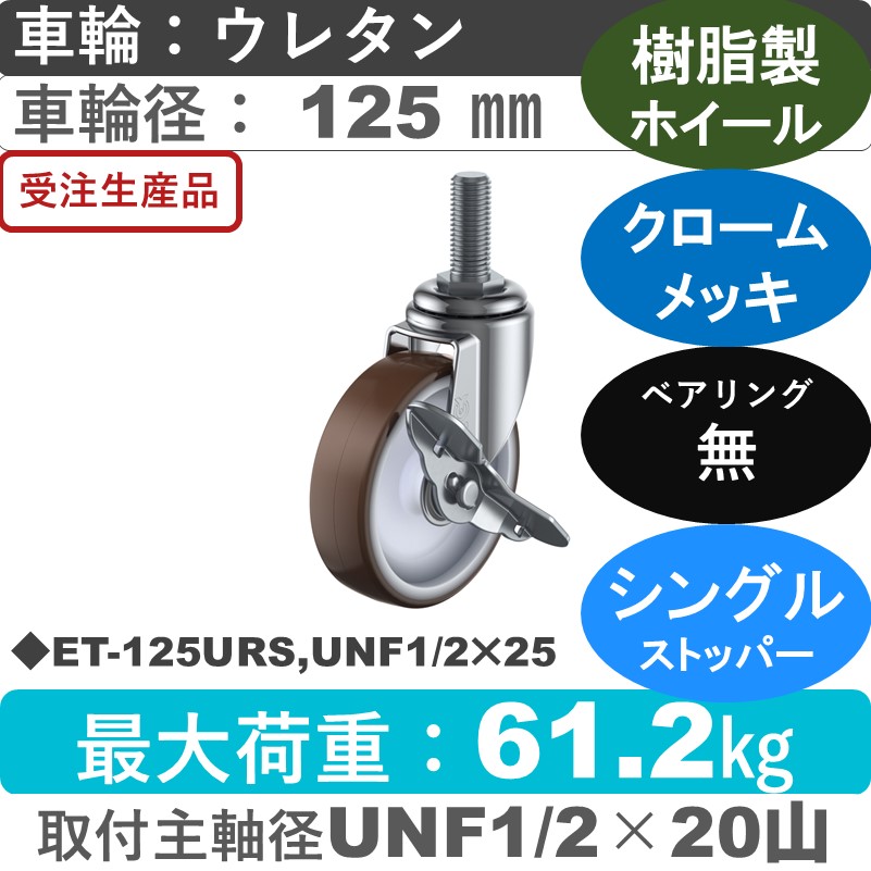 ET-125URS,UNF1/2×25 ユーエイキャスター ストッパー付自在ねじ込み式 ウレタン車輪125㎜