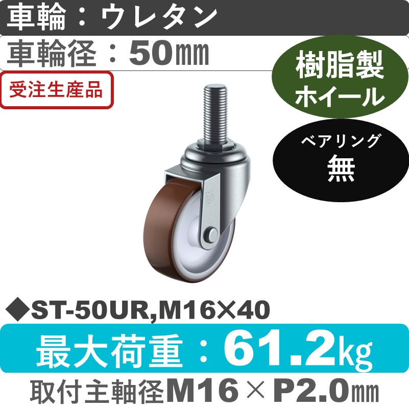 ST-50UR,M16×40 ユーエイキャスター 自在ねじ込み式 ウレタン車輪50㎜