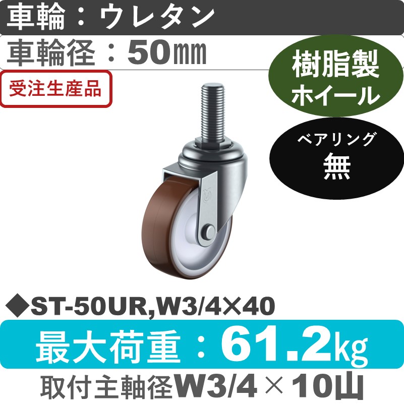 ST-50UR,W3/4×40 ユーエイキャスター 自在ねじ込み式 ウレタン車輪50㎜
