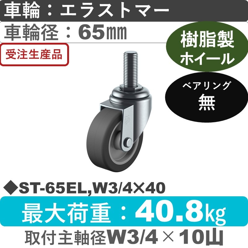 ST-65EL,W3/4×40 ユーエイキャスター 自在ねじ込み式 エラストマー車輪65㎜