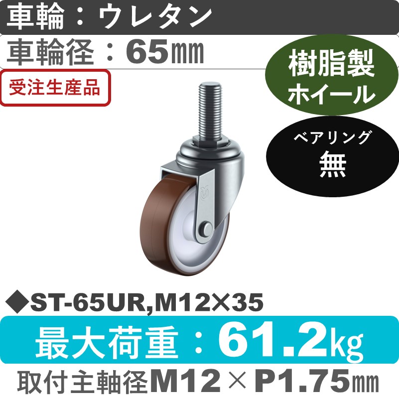 ST-65UR,M12×35 ユーエイキャスター 自在ねじ込み式 ウレタン車輪65㎜