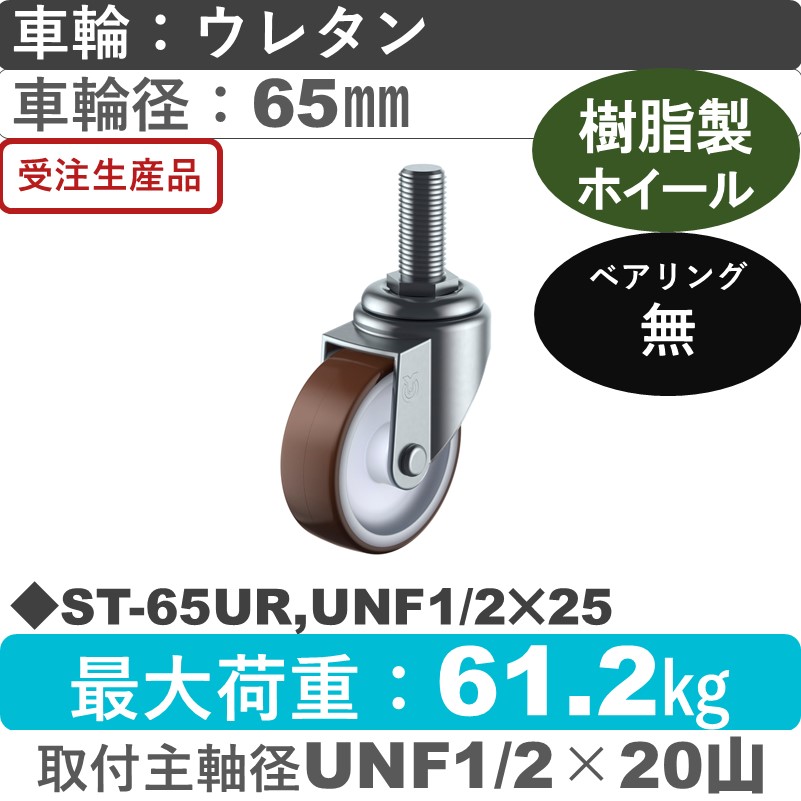 ST-65UR,UNF1/2×25 ユーエイキャスター 自在ねじ込み式 ウレタン車輪65㎜