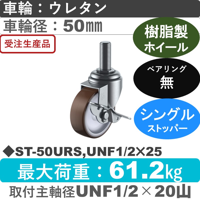 ST-50URS,UNF1/2×25 ユーエイキャスター ストッパー付自在ねじ込み式 ウレタン車輪50㎜