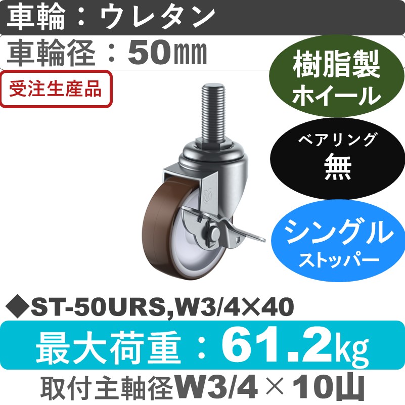 ST-50URS,W3/4×40 ユーエイキャスター ストッパー付自在ねじ込み式 ウレタン車輪50㎜