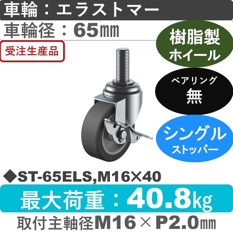 ST-65ELS,M16×40 ユーエイキャスター ストッパー付自在ねじ込み式 エラストマー車輪65㎜