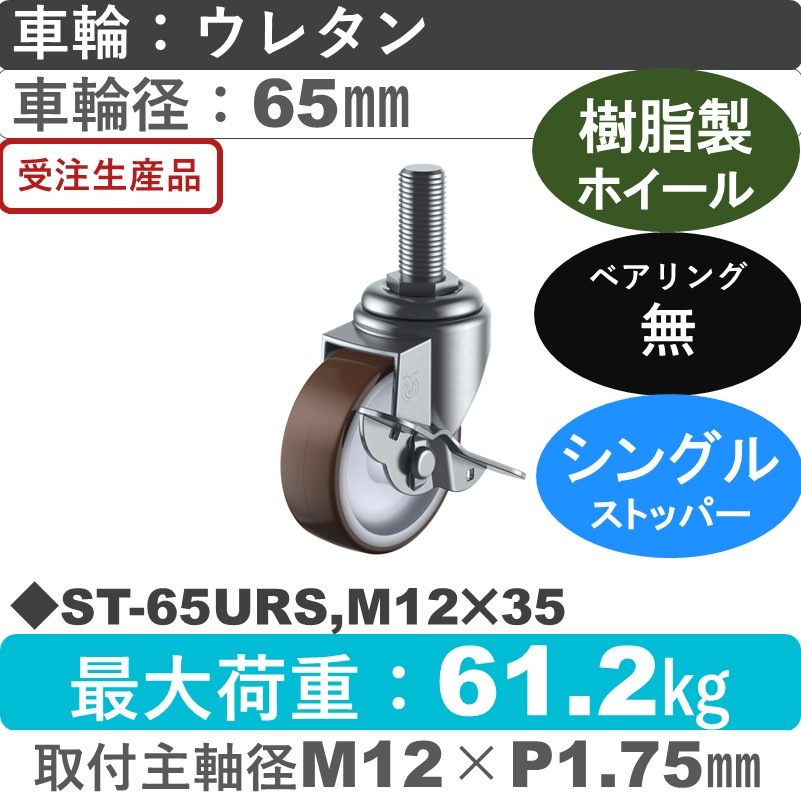 ST-65URS,M12×35 ユーエイキャスター ストッパー付自在ねじ込み式 ウレタン車輪65㎜