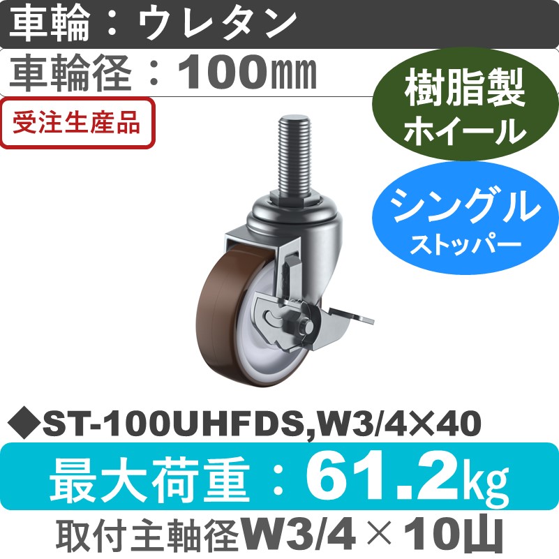 ST-100UHFDS,W3/4×40 ユーエイキャスター ストッパー付自在ねじ込み式 ウレタン(B入)車輪100㎜