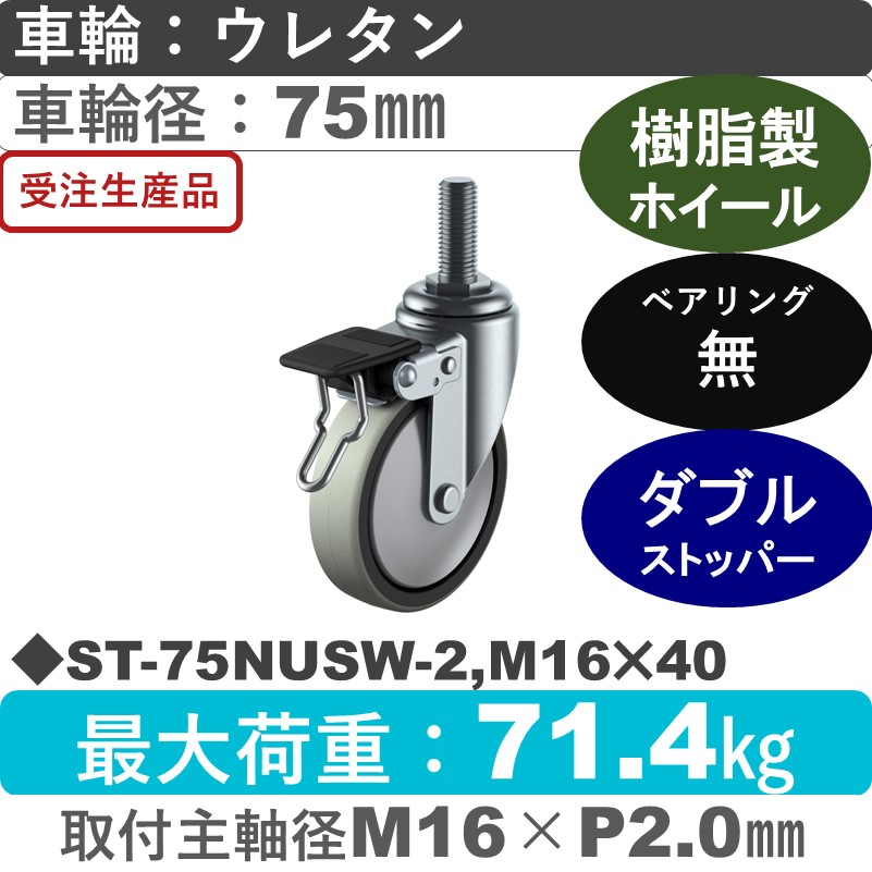 ST-75NUSW-2,M16×40 ユーエイキャスター ストッパー付自在ねじ込み式 ウレタン車輪75㎜