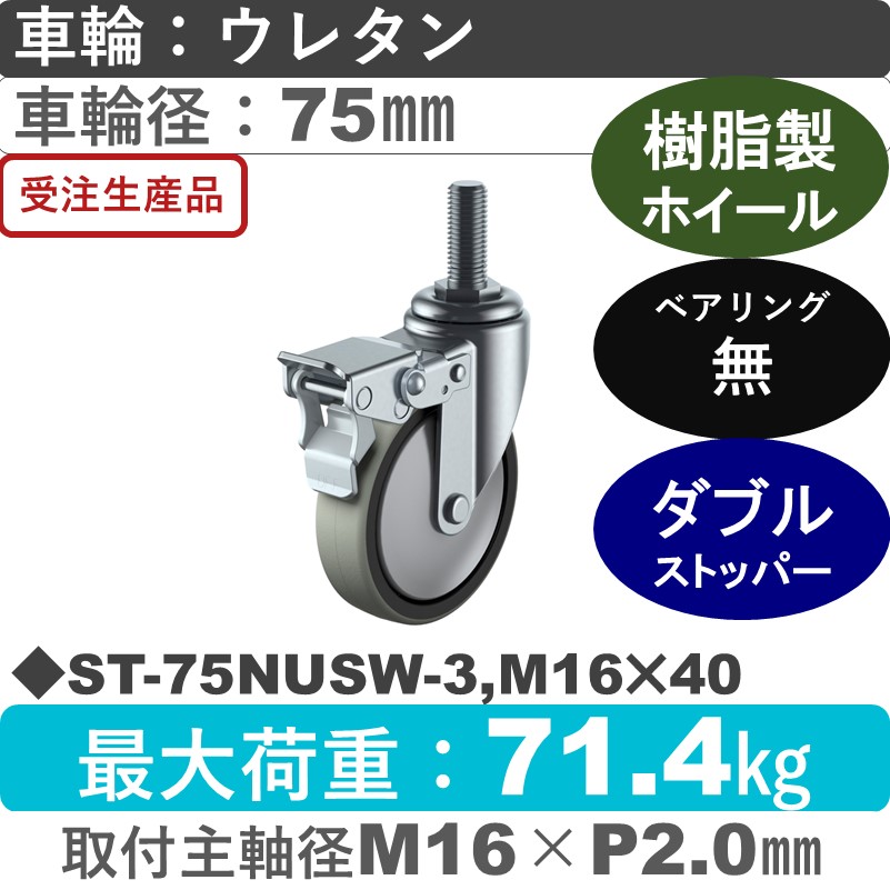 ST-75NUSW-3,M16×40 ユーエイキャスター ストッパー付自在ねじ込み式 ウレタン車輪75㎜
