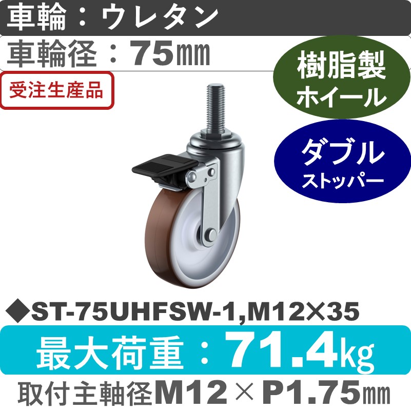 ST-75UHFSW-1,M12×35 ユーエイキャスター ストッパー付自在ねじ込み式 ウレタン(B入)車輪75㎜