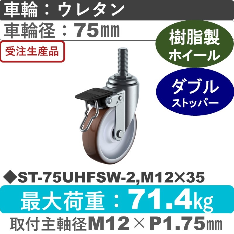 ST-75UHFSW-2,M12×35 ユーエイキャスター ストッパー付自在ねじ込み式 ウレタン(B入)車輪75㎜
