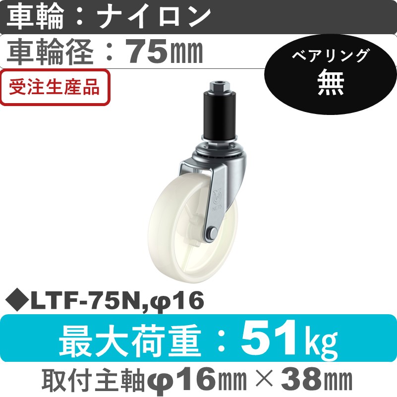 LTF-75N,φ16 ユーエイキャスター 差し込み式 ナイロン車輪75㎜