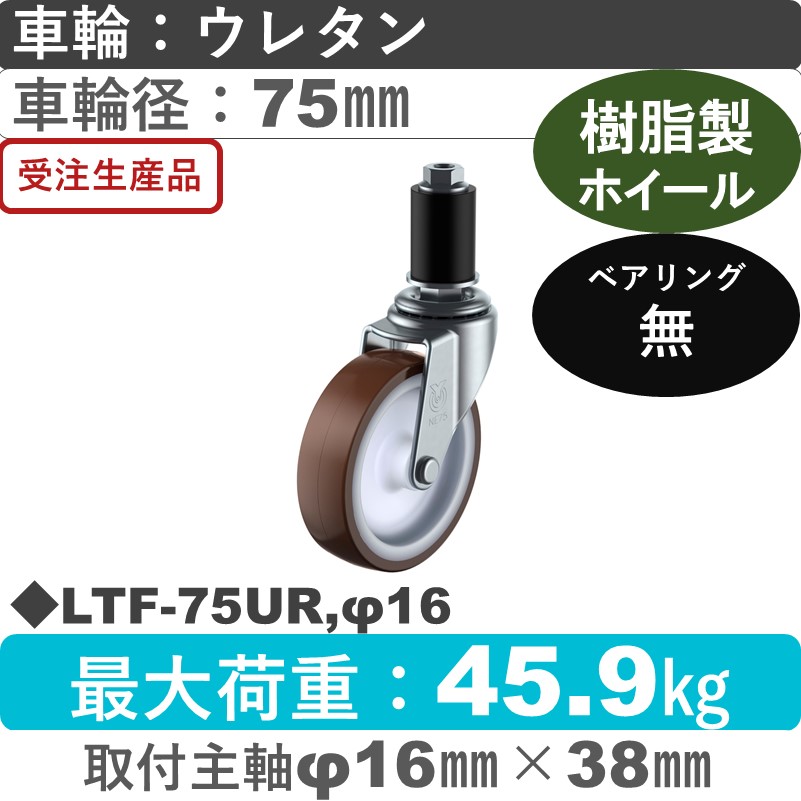 LTF-75UR,φ16 ユーエイキャスター 差し込み式 ウレタン車輪75㎜