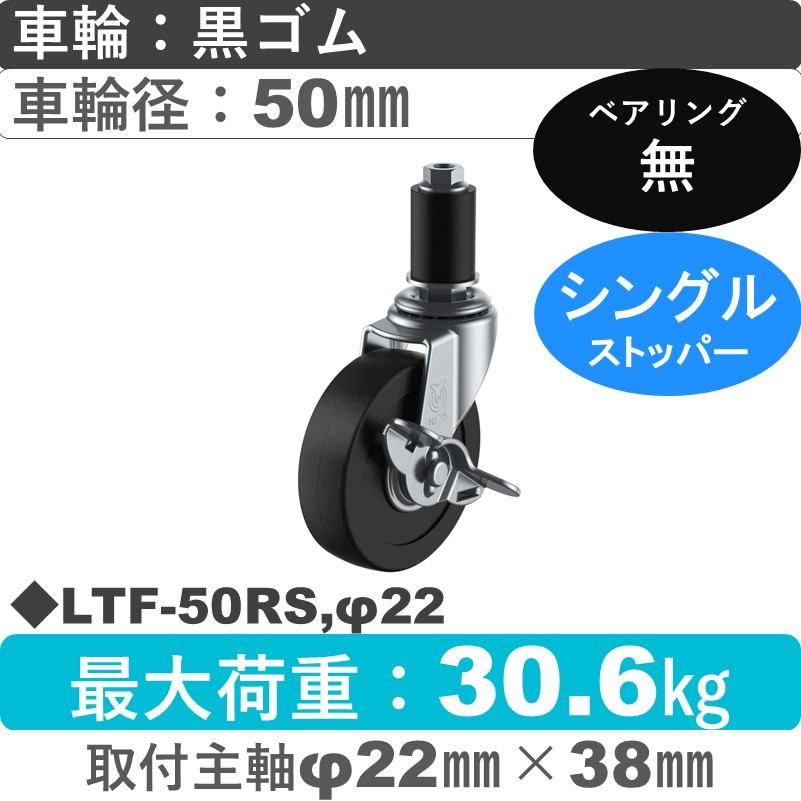 LTF-50RS,φ22 ユーエイキャスター ストッパー付差し込み式 ゴム車輪50㎜