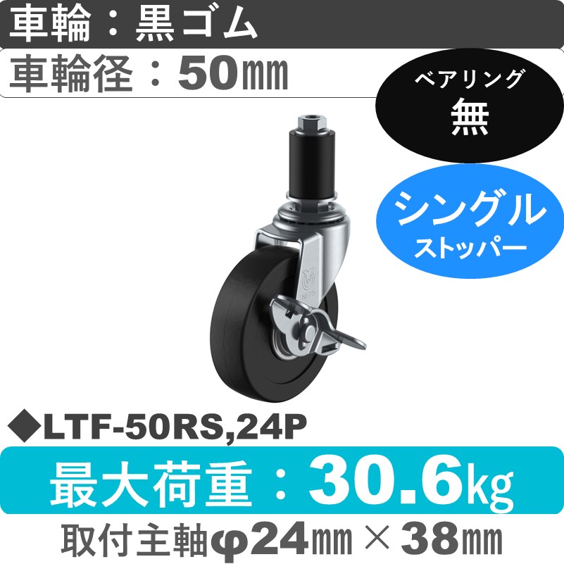 LTF-50RS,φ24P ユーエイキャスター ストッパー付差し込み式 ゴム車輪50㎜
