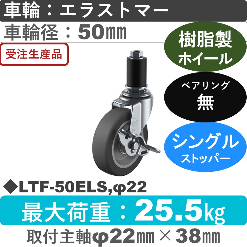 LTF-50ELS,φ22 ユーエイキャスター ストッパー付差し込み式 エラストマー車輪50㎜