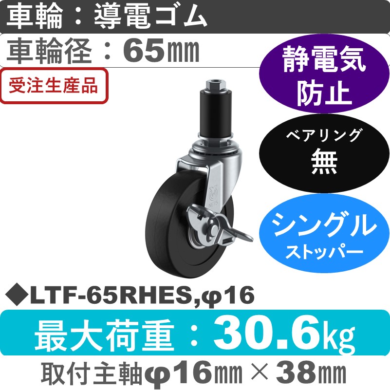LTF-65RHES,φ16 ユーエイキャスター ストッパー付差し込み式 導電ゴム車輪65㎜