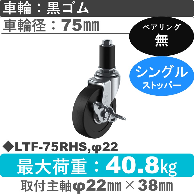 LTF-75RHS,φ22 ユーエイキャスター ストッパー付差し込み式 ゴム車輪75㎜