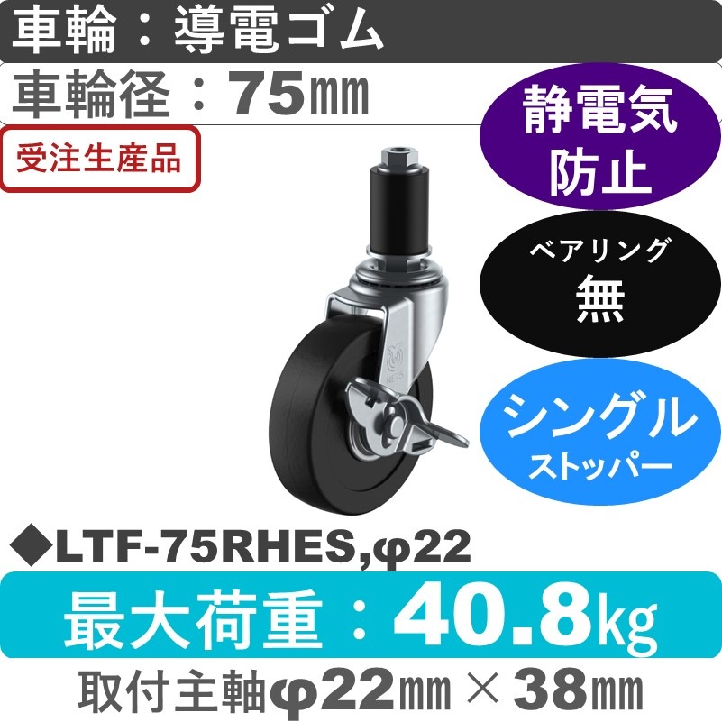 LTF-75RHES,φ22 ユーエイキャスター ストッパー付差し込み式 導電ゴム車輪75㎜