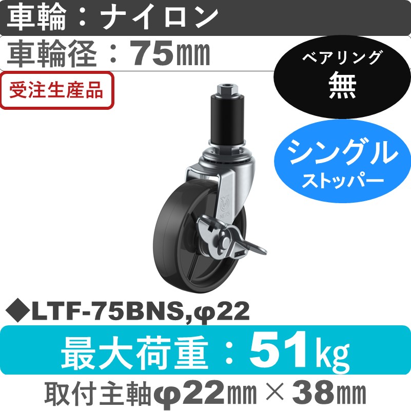 LTF-75BNS,φ22 ユーエイキャスター ストッパー付差し込み式 ナイロン(黒)車輪75㎜