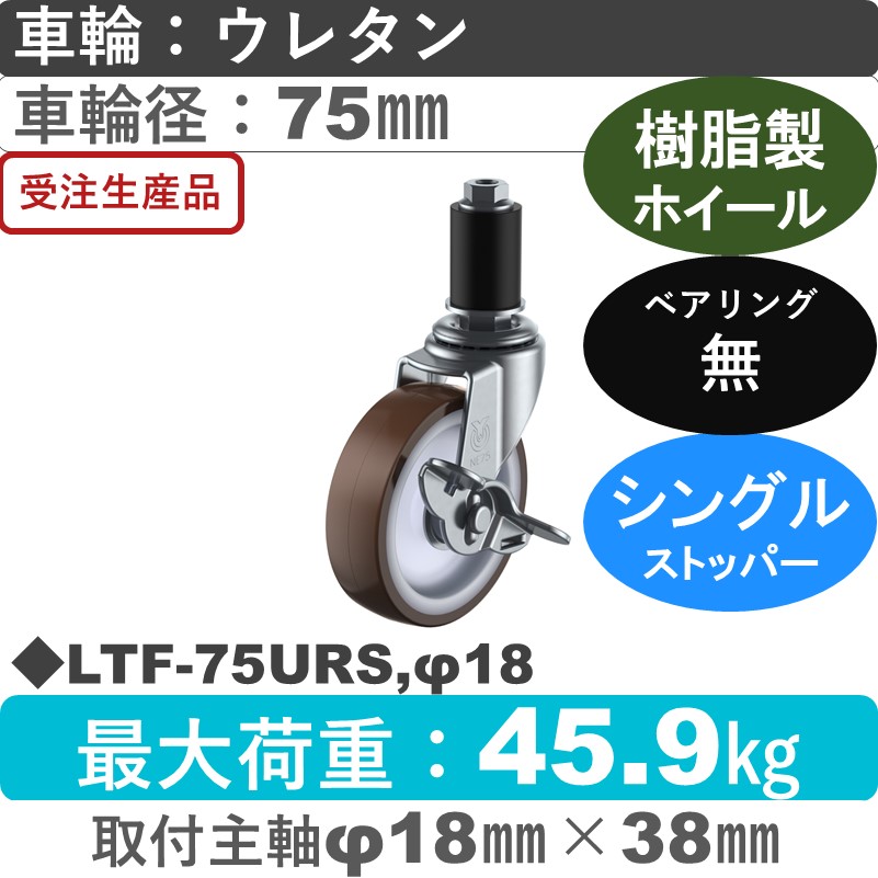 LTF-75URS,φ18 ユーエイキャスター ストッパー付差し込み式 ウレタン車輪75㎜