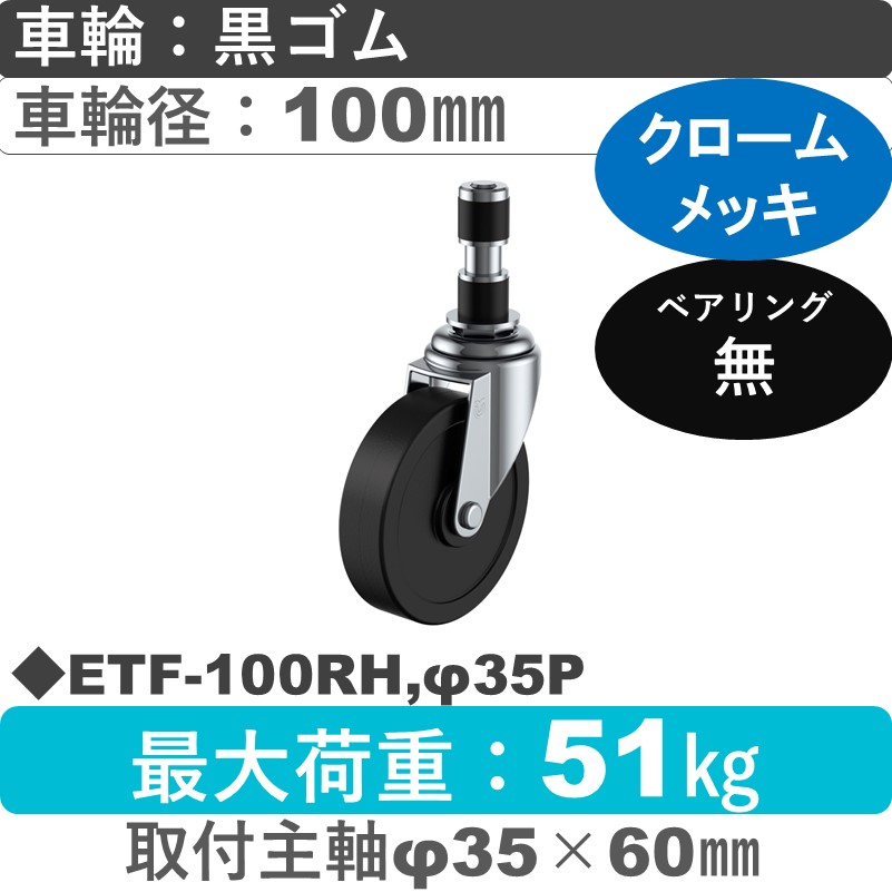 ETF-100RH,φ35P ユーエイキャスター 差し込み式 ゴム車輪100㎜