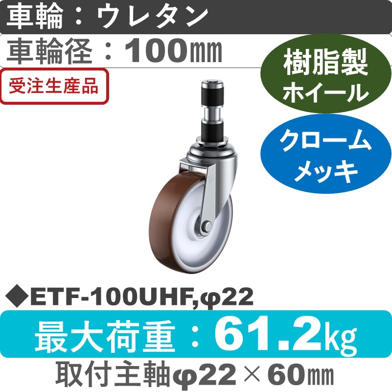 ETF-100UHF,φ22 ユーエイキャスター 差し込み式 ウレタン(B入)車輪100㎜
