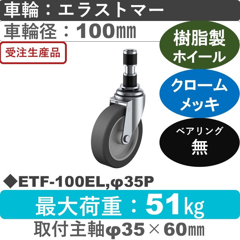 ETF-100EL,φ35P ユーエイキャスター 差し込み式 エラストマー車輪100㎜