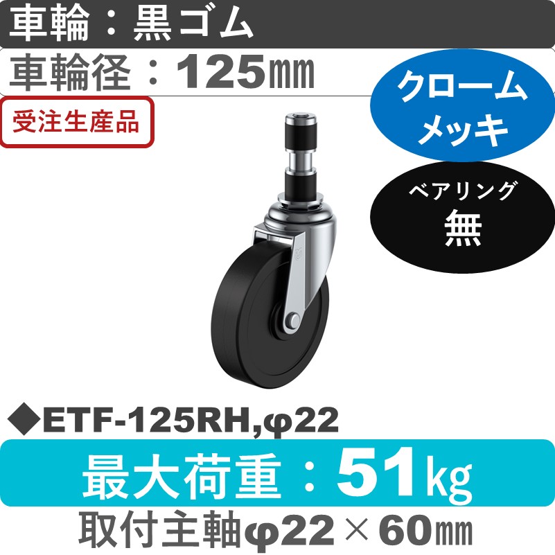 ETF-125RH,φ22 ユーエイキャスター 差し込み式 ゴム車輪125㎜