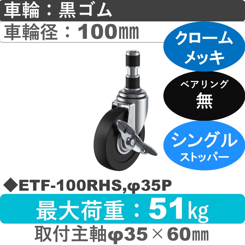 ETF-100RHS,φ35P ユーエイキャスター ストッパー付差し込み式 ゴム車輪100㎜