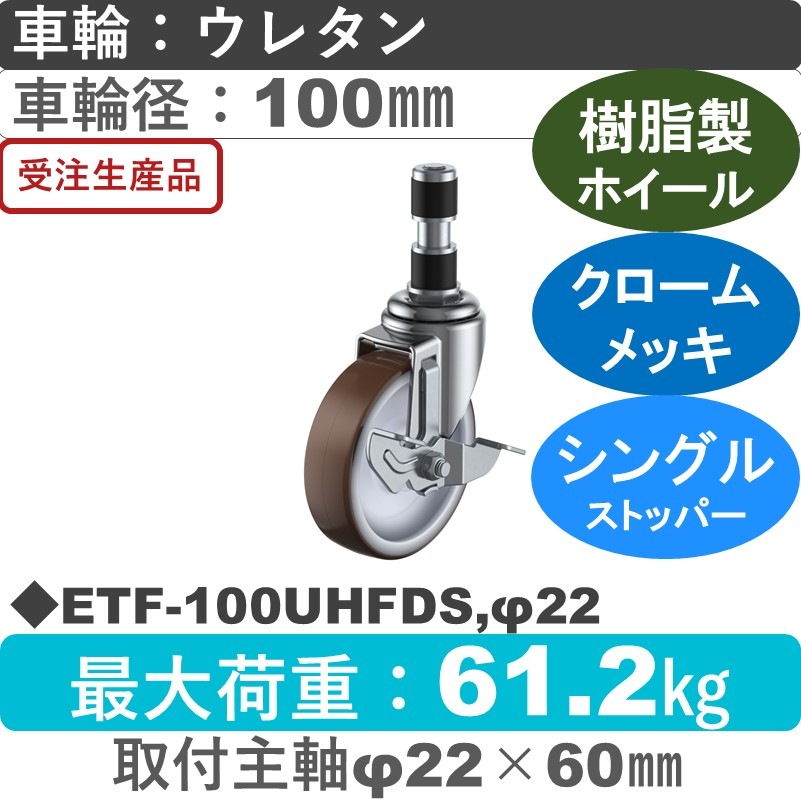 ETF-100UHFDS,φ22 ユーエイキャスター ストッパー付差し込み式 ウレタン(B入)車輪100㎜